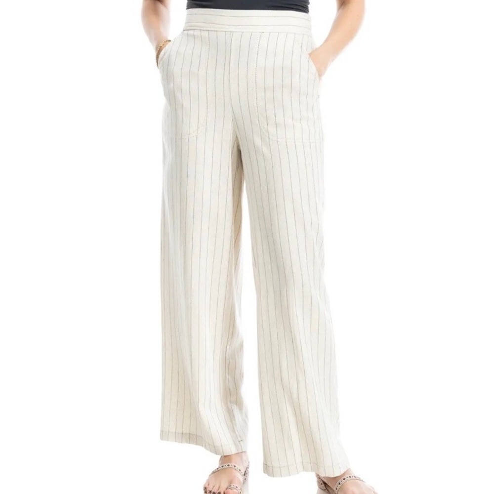 Max Studio Linen Blend Striped Wide Leg Boho Beachy Minimalist Lagenlook Pants L